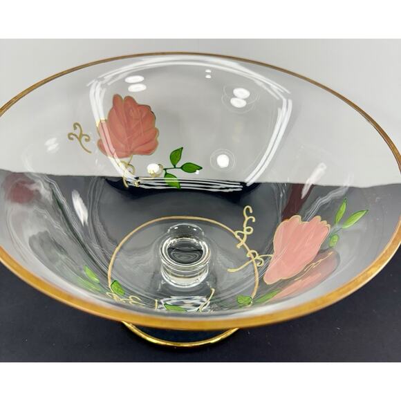 Bohemia Crystal Compote Bowl Hand Painted Roses 24K Gold Trim Pedestal - Picture 3 of 4